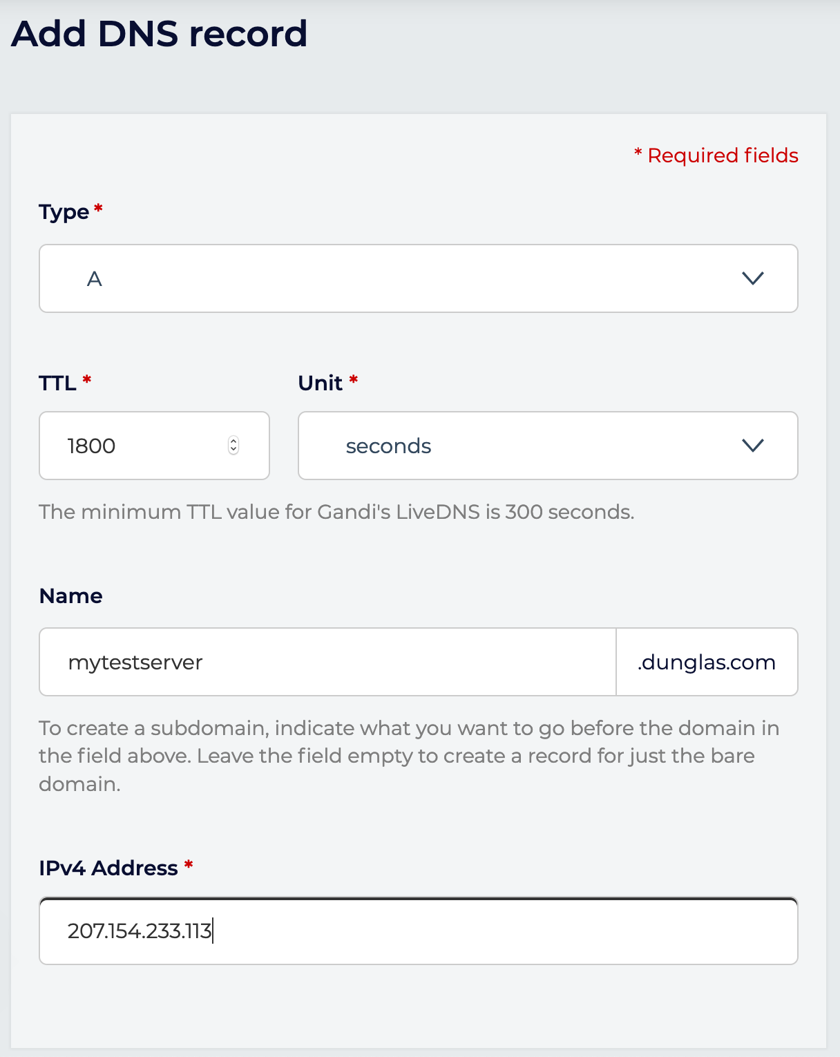 Creating a DNS record at Gandi.net