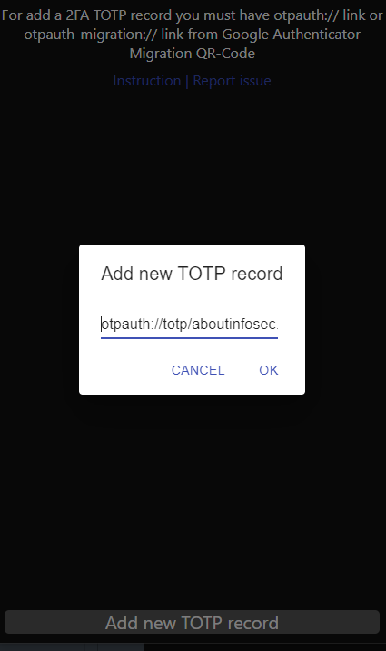 Add new TOTP record popup