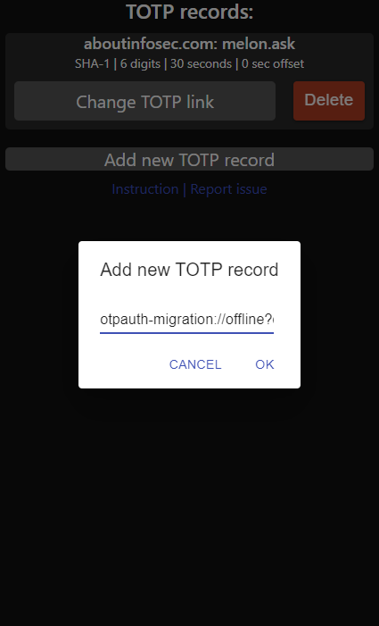 Add new TOTP record using otpauth-migration